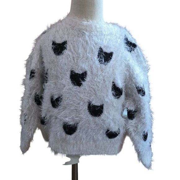 Fuzzy Kids Sweater Black Cat Faces By S. Oliver Size 5/6 Polyester White & Black - Picture 1 of 7